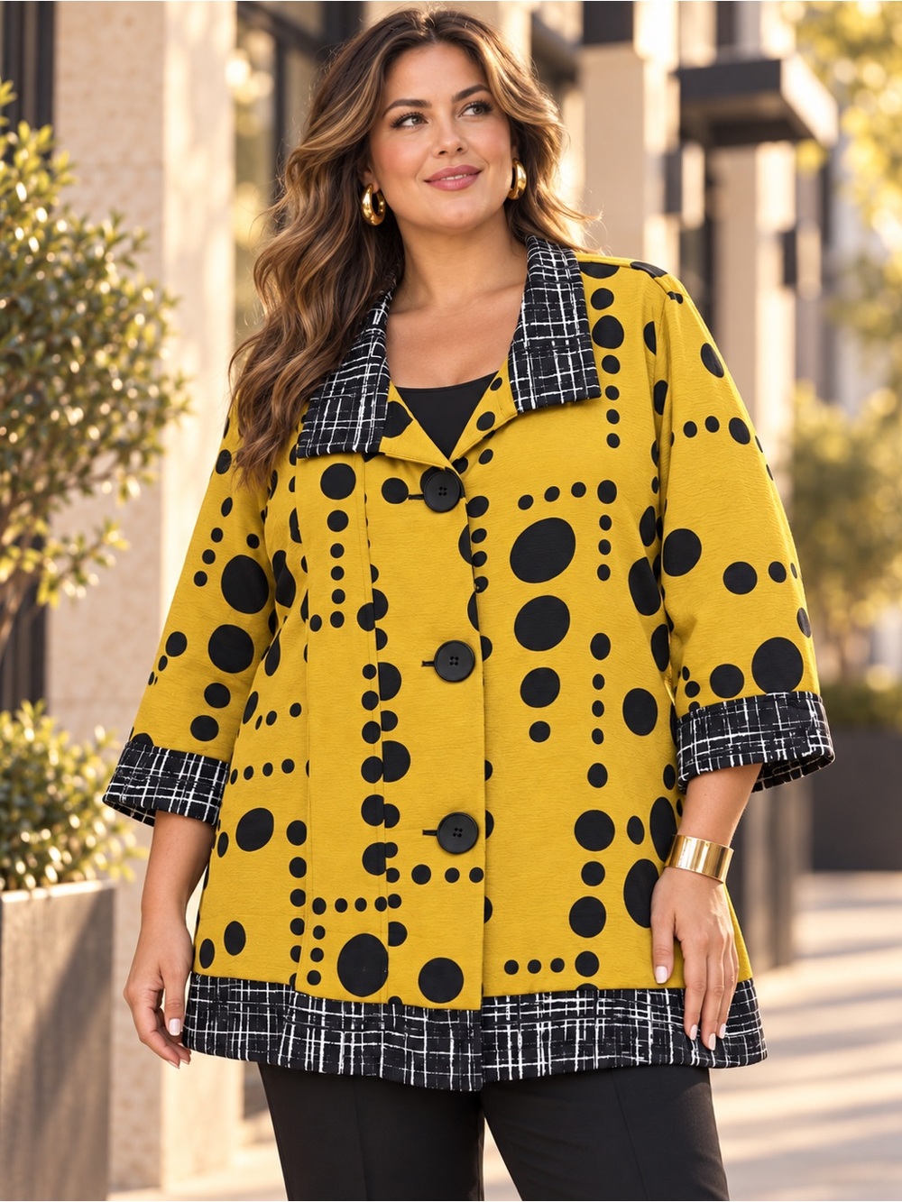 ALI MILES Mustard Black Polka Dot Geometric Lagenlook Art to Wear Jacket
